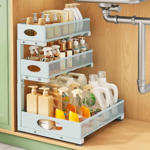 Kitstorack Under Sink Organizer 3-Tier Slide Out Drawer 1-Pack LightBlue | Height Adjustable, Metal Mesh Storage Rack, Pull out Cabinet Organizer Shelf for Bathroom Kitchen Pantry Home Organization - color: LightBlue, size: 1-Pack