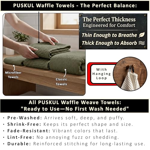 PÜSKÜL Natural 100% Turkish Cotton Waffle Towels Set of 4-Piece Khaki Green | 2-Bath sheet (Extra-large 32x63") and 2-Hand towel (Large 32x16"). Premium honeycomb-waffle weave, oeko-tex made in Turkiye. - color: Khaki Green