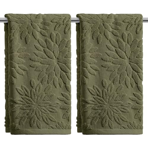 Artoid Mode 2 Pcs Olive Green 3D Dahlia Floral Jacquard Hand Towels for Bathroom, Cotton Soft Absorbent Bathroom Decor Towels, 13.7 x 29.5 Inch - color: Olive Green, size: 13.7" x 29.5", 2PCS
