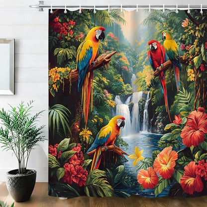 Jungle Parrot Shower Curtain, Tropical Bird Rainforest Forest, 70 x 70 Inch | Waterfall Exotic Floral Birds, Green Leaves Nature Plant Flower, Bathroom Curtains Polyester Fabric Bathtub Decor with Hooks - size: 70"W x 70"L (Pack of 1)