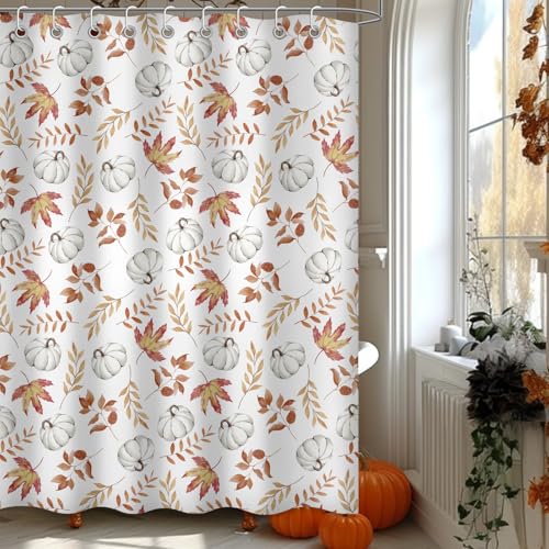 Moutina Maple Leaves Pumpkin Shower Curtain, Autumn Thanksgiving Home Decor Fall Bathtub Bathroom Curtain Set - 72x72 Inch Waterproof Polyester Fabric with Hooks - color: Fall-1