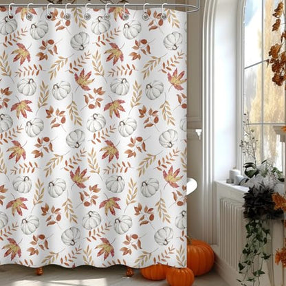Moutina Maple Leaves Pumpkin Shower Curtain, Autumn Thanksgiving Home Decor Fall Bathtub Bathroom Curtain Set - 72x72 Inch Waterproof Polyester Fabric with Hooks - color: Fall-1