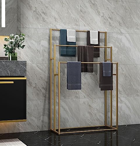 3 Tier Standing Towel Rack - Extra Wide Large Bathroom Towel Stand, Heavy-Duty Metal Towel Drying Rack for Poolside (Matte Gold, 25.6” Wide) - color: Gold