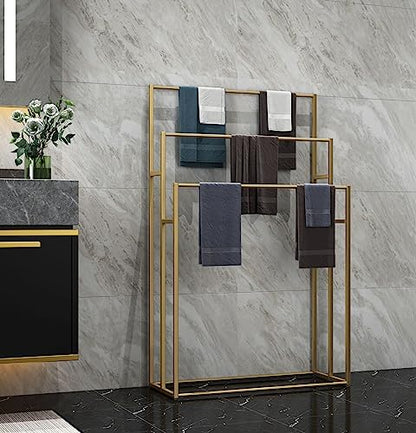 3 Tier Standing Towel Rack - Extra Wide Large Bathroom Towel Stand, Heavy-Duty Metal Towel Drying Rack for Poolside (Matte Gold, 37.4” Wide) - color: Gold