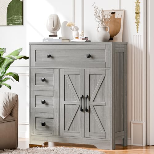Vabches Farmhouse Storage Cabinet with 2 Doors and 4 Drawers, Wash Grey | Freestanding Bathroom Storage Cabinet Kitchen Pantry, Floor Hutch Cupboard for Living Room/Bathroom/Kitchen - color: Wash Grey, style: 4 Drawers