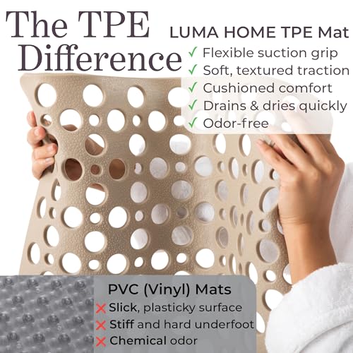 Non Slip Shower Mat for Bathtub, Beige TPE Bath Mat with Strong Suction Cups, Quick-Dry Drain Holes, Soft Textured Surface, Spa-Inspired, 30x17 Inch