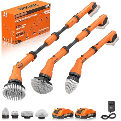 2 Battery Electric Spin Scrubber, 1000RPM Cordless Cleaning Brush Waterproof with 20V Power Supplied, Adjustable Extension Handle, 4 Replaceable Cleaning Heads, Hook, Gloves - for Tub/Tile/Wall/Floor