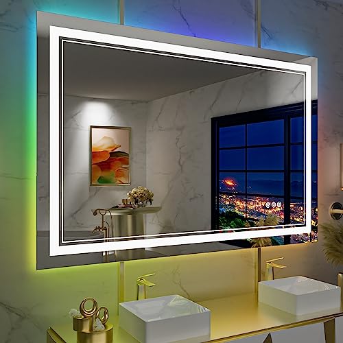 40x36 Inch RGB LED Bathroom Mirror with Lights | Front and RGB Backlit, Dimmable, Memory, Anti Fog, Shatterproof, Horizontal/Vertical, Lighted Mirrors for Bathroom Wall - color: Rgb Backlit, size: 40"L x 36"W