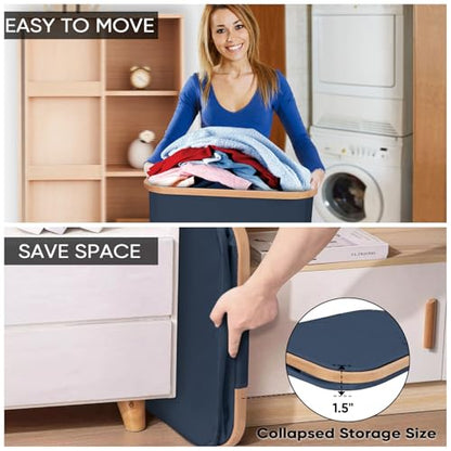 BALEINE Laundry Hamper with Lid, Tall Laundry Baskets with Bamboo Pull Handles, Large Laundry Bin with Internal Support (18 Gal/70L, Blue) - color: Blue, size: 70 liters
