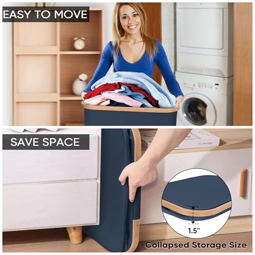 BALEINE Laundry Hamper with Lid, Tall Laundry Baskets with Bamboo Pull Handles, Large Laundry Bin with Internal Support (26 Gal/100L, Blue) - color: Blue, size: 100 liters