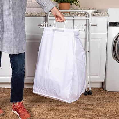 Household Essentials Rolling Laundry Hamper, Heavy Duty Canvas Bag, 2 Load Capacity, Foldable Frame, White Bag with Velcro Fasteners, White - color: White/White