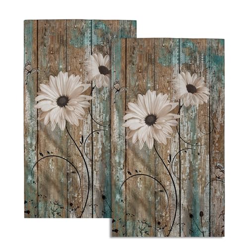 Giwawa Rustic Barn Sunflower Wooden Hand Towel 15x30 Set of 2, Daisy Flower Teal Turquoise Brown Plank Towel Retro Board Face Towel Country Barnwood Washcloth for Bathroom Farmhouse Log Cabin - color: Board Daisy