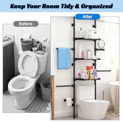 Over Toilet Storage Shelf Bathroom Organizer Rack, Adjustable 4 Tier Carbon Steel Over Toilet Shelf with Rod Structure No Drilling Installation for Small Bathroom (Black)