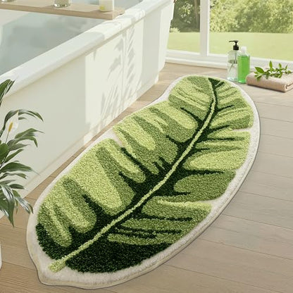 LUMI Cute Bathroom Rug Green Leaf, Absorbent Non Slip Bath Mat, 19.5"x39.5" | Palm Leaf Plant, Soft Plush Microfiber, Quick Dry, Washable for Shower Floor, Bathroom, Sink Bathtub, Bedroom, Kids Room - color: Ample Palm Leaf