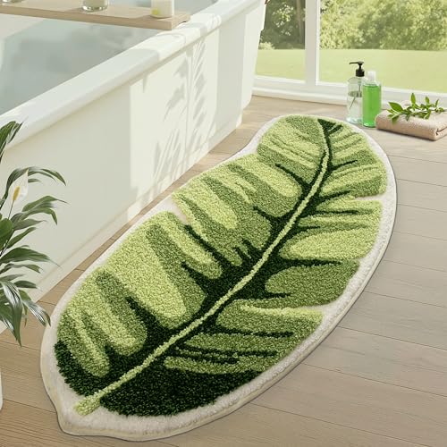 LUMI Cute Bathroom Rug Green Leaf, Absorbent Non Slip Bath Mat, 19.5"x39.5" | Palm Leaf Plant, Soft Plush Microfiber, Quick Dry, Washable for Shower Floor, Bathroom, Sink Bathtub, Bedroom, Kids Room - color: Ample Palm Leaf