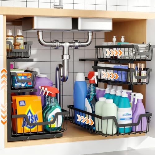 Under Sink Organizer, 2-Pack 3-Tier Height Adjustable Thickened Metal Pull out Cabinet Organizer Shelf, Slide out Storage Drawer Rack for Bathroom Kitchen Pantry Home Laundry Organization (Black) - color: Black