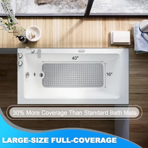 Bathtub and Shower Mats, 40x16 Inch Extra Large Non Slip Soft Bath Tub Mat with Suction Cups and Drain Holes for Bathroom Floor and Keep Tubs Clean, Machine Washable, Clear Gray - color: Clear Gray