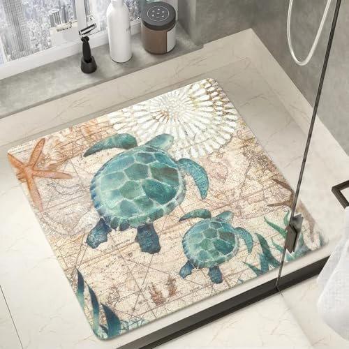 Sea Turtle Shower Mats for Inside Shower, Square Non Slip Bath Mat Cute Shower Matt for Bathroom Floor Easy Cleaning Loofah Bathmat, Quick Drying Textured Surface Shower Foot Scrubber Mat, 24″X24″ - color: D04