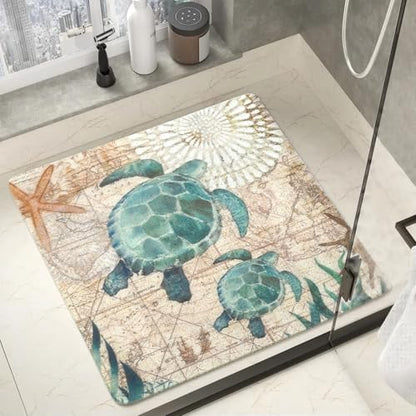 Sea Turtle Shower Mats for Inside Shower, Square Non Slip Bath Mat Cute Shower Matt for Bathroom Floor Easy Cleaning Loofah Bathmat, Quick Drying Textured Surface Shower Foot Scrubber Mat, 24″X24″ - color: D04