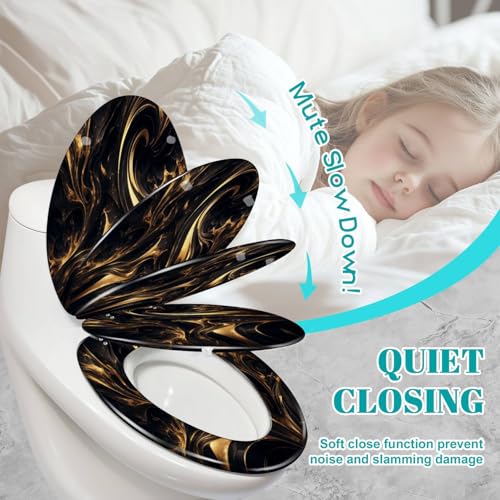 Elongated Toilet Seat Abstract marble fluid art painting alcohol ink style a black gold Resin Toilet Seat Slow Quiet Close with Quick-Release Hinges Toilet Seat with Cover Easy to Clean Install