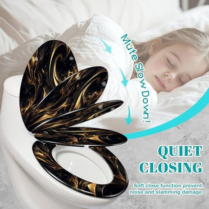 Elongated Toilet Seat Abstract marble fluid art painting alcohol ink style a black gold Resin Toilet Seat Slow Quiet Close with Quick-Release Hinges Toilet Seat with Cover Easy to Clean Install