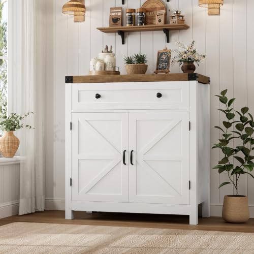 HOSTACK 31.5"W Kitchen Storage Cabinet, Farmhouse Coffee Bar Cabinet, White | Small Buffet Cabinet with Doors & Wide Drawer, Wood Sideboard Buffet, Entry Table w/ Adjustable Shelf for Dining Living Room - color: White