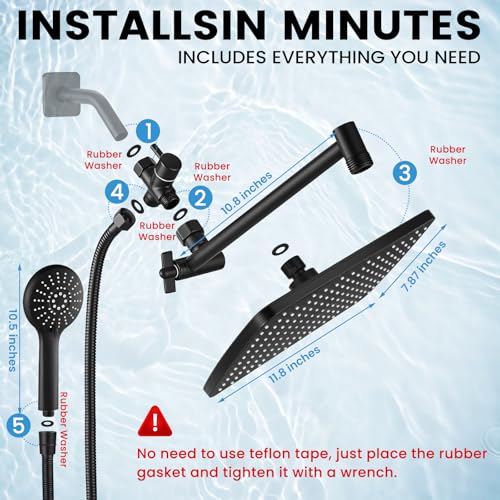 Shower Head with Handheld, High Pressure Black Rain Shower Head | Regaderas Para Shower,11.8" Rectangular,Rainfall Shower Head,Dual Shower Head,Bathroom Decor,Extension Arm,5 Spray Mode - color: A-Matte Black, style: Rectangular 12"