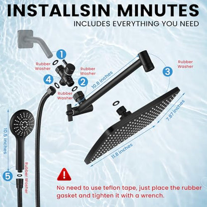 Shower Head with Handheld, High Pressure Black Rain Shower Head | Regaderas Para Shower,11.8" Rectangular,Rainfall Shower Head,Dual Shower Head,Bathroom Decor,Extension Arm,5 Spray Mode - color: A-Matte Black, style: Rectangular 12"