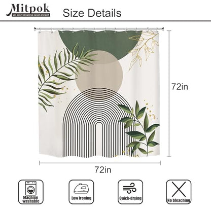 Green Boho Mid Century Shower Curtain 72Wx72H Abstract Gold Leaves Grey Modern Sun Arch Minimalist Geometric Aesthetic Plant Bathroom Decor Neutral Bath Curtain Polyester 12 Pack Hooks | 72Wx72H Olive Green Mid Century Modern Mint Green Waterproof Polyest