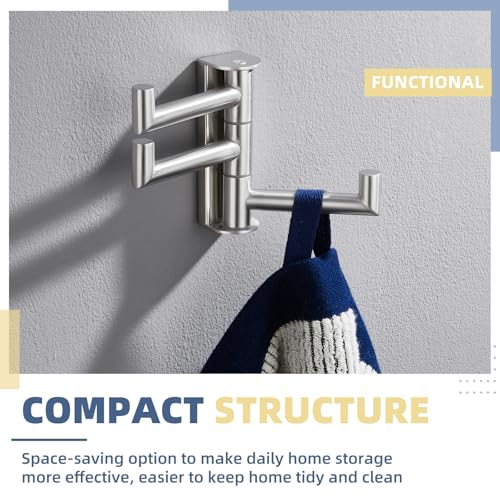 3-Arm Swivel Towel Hook, Brushed Nickel, 304 Stainless Steel | Individually Adjustable 180° Arms, Fold-Flat Wall Storage, Raised End Stops, Robes, Bags & Towels, Bathroom & Closet Use - color: Brushed Nickel, size: 1 Pack