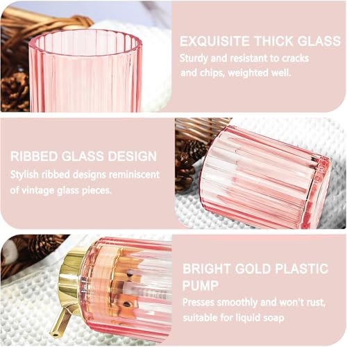 CERBIOR Bathroom Accessories Set, 4 PCS Glass Bathroom Set,Golden Pink | Includes Soap Dispenser, Toothbrush Holder, Toothbrush Cup, Soap Dish for Decorative Countertop and Housewarming Gift - style: Grey Pink