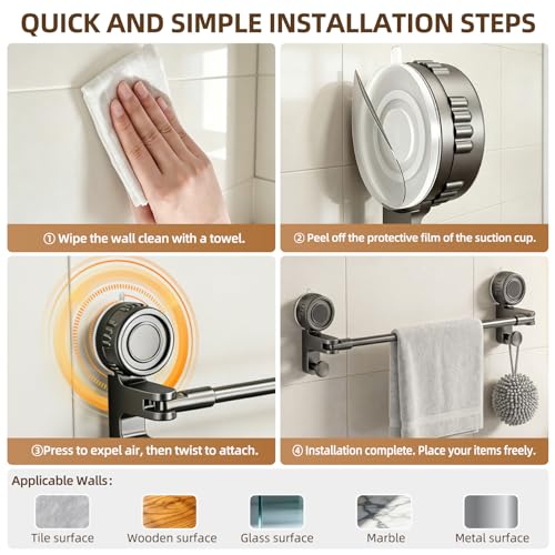 Adjustable Suction Cup Towel Bar, Grey, 20-34", 1-Tier | Extendable Carbon Steel Towel Racks, Space Saving, Bath Towel Holder with Hooks, No-Drill Mounted, For Bathroom Wall