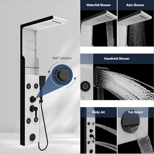 ELLO&ALLO Shower Panel Tower System with Shelf, Rainfall Shower Head and Rain Massage System with Body Jets, Stainless Steel Bathroom Fixtures, Marble&Black