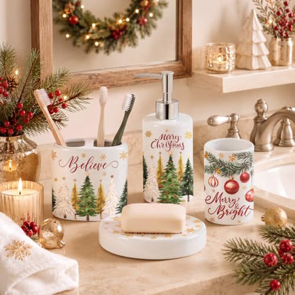 4 Pcs Christmas Ceramic Bathroom Accessories Gifts Xmas Tree Bath Tumbler Soap Dispenser Toothbrush Holder Soap Tray Merry Xmas Bathroom Decorations (White Merry Christmas) - style: White Merry Christmas