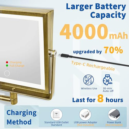 Ruacq Wall Mounted Makeup Mirror with Lights 1X/10X Antique Brass | 8",4000mAh Rechargeable,Magnification,3 Color,Touch Screen Dimmable,360° Rotation Extension Foldable Arm, Square, Women Gift - color: Antique Brass