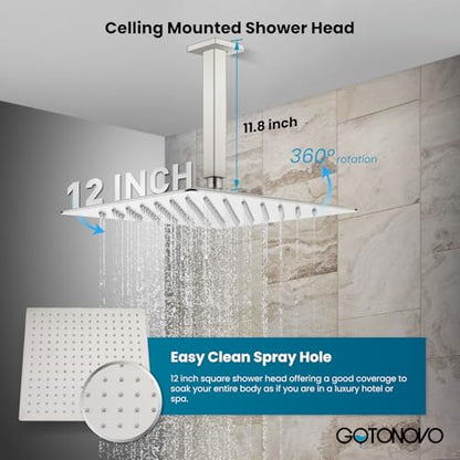 gotonovo Ceiling Shower System with Handheld Brushed Nickel,12 inch Head | Ceiling Mount Bathroom Shower Faucet Set,SUS304 Rainfall Head and Handle Set Combo,Brass Valve Trim Kit,All Metal - color: Nickel, size: 12 inch Head