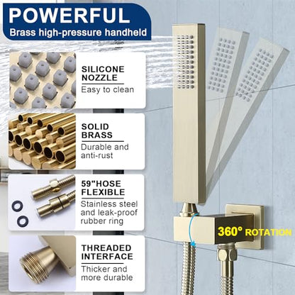 Thermostatic Shower System with 14x20 Inch Ceiling Mount LED Head & 6 Inch Wall Head and Handheld Shower 4 Function Vale with body jets Can All Run Together,Brushed Gold - color: Brushed Gold, style: 14x20 led+6 jets