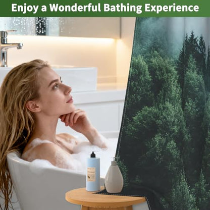 No Hook Shower Curtain with Snap in Liner, Misty Forest Easy Hang Double-layer Waterproof Fabric Shower Curtain with Sheer Top Window, 71x74 Inches Summer Bathroom Shower Curtain Sets and Weighted Hem - color: Misty Forest