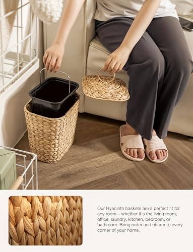 Tidita 1.5 Gallon Wicker Wastebasket with Lid, Woven from Water Hyacinth | Hyacinth Construction, Woven Design, Removable Plastic Liner Included, Removable Lid, Iron Frame, Odor Proof, Versatile Use - color: Natural, size: 1.5 Gallons
