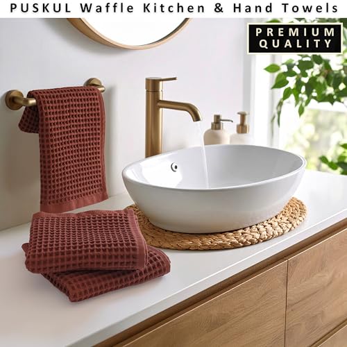 PÜSKÜL Natural 100% Turkish Cotton Waffle Kitchen and Hand Towels, 3-Piece | Brick-Red, 32x16" Large, Premium 3D Honeycomb Weave Soft Absorbent Quick-Dry Lint-Free Dish Towel, Oeko-Tex Made in Turkey - color: Red Brick, size: Kitchen & Hand Towels Pack of