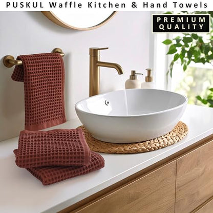 PÜSKÜL Natural 100% Turkish Cotton Waffle Kitchen and Hand Towels, 3-Piece | Brick-Red, 32x16" Large, Premium 3D Honeycomb Weave Soft Absorbent Quick-Dry Lint-Free Dish Towel, Oeko-Tex Made in Turkey - color: Red Brick, size: Kitchen & Hand Towels Pack of