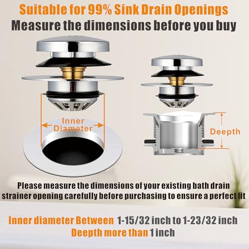 Tub Drain, 2 in 1 Pop-up Bathtub Plug with Hair Catcher | Easy Installation Bath Drain Stopper with Strainer, Chrome Plated - color: Chrome Plated