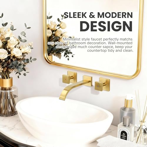 ALEASHA Wall Mounted Bathroom Sink Faucet, Brushed Gold Bathroom Faucet | Waterfall Bathroom Sink Faucet with Two Handles, Controllable Heat and Cold, Solid Brass Wall-Mount Washroom Faucets - color: Brushed Gold