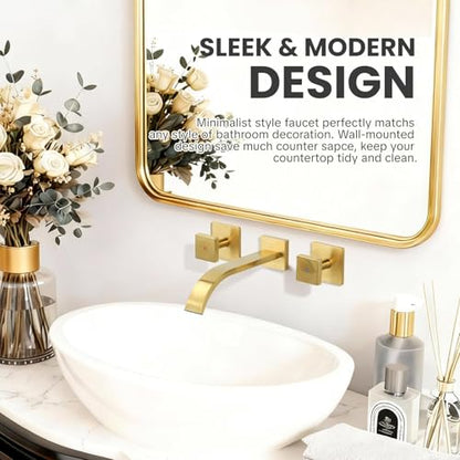 ALEASHA Wall Mounted Bathroom Sink Faucet, Brushed Gold Bathroom Faucet | Waterfall Bathroom Sink Faucet with Two Handles, Controllable Heat and Cold, Solid Brass Wall-Mount Washroom Faucets - color: Brushed Gold