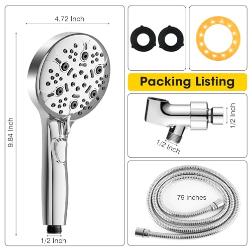 High Pressure Shower Head with Handheld,8-settings Handheld Shower Head with On Off Switch,79-inches Extra Long Hose and Built-in Power Wash to Tub,Wall&Tile,Adjustable Brackets,Silver