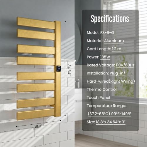 Towel Warmer, Heated Towel Rack with Built-in Timer and Temperature Control,Hard-Wired(Right-Wiring)/Plug-in Wall-Mounted Towel Rail, Aluminum, 18.8" W X 34.64" H, Gold - color: Gold, size: 18.8"L x 34.64"H