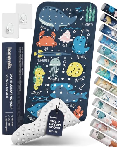 homerella Bathtub Mat Non Slip Kids 40x16 Baby Bath Mat Non Slip Anti Mold | 100% BPA Free, Non Toxic, Mildew Resistant, Machine Washable, Extra Long Kids Bath Mat for Tub Non Slip, Toddler Bath Mat - color: Navy Underwater Abc, size: 40" x 16" (Rectangul