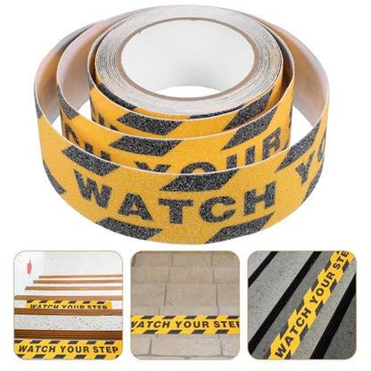 Artibetter Non-slip Adhesive Safety Grip Tape for Stairs and Bathroom Floors, Anti-skid High-visibility Printed Floor Tape with “watch Your Step” Warning, Waterproof Roll for Indoor