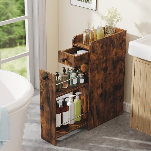 GIANTEX Slim Bathroom Storage Cabinet, Space-Saving Toilet Side Cabinet with Slide-Out Drawers on 3 Wheels, Freestanding Narrow Toilet Paper Holder for Living Room, Laundry Room (Rustic Brown) - color: Rustic Brown