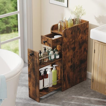 GIANTEX Slim Bathroom Storage Cabinet, Space-Saving Toilet Side Cabinet with Slide-Out Drawers on 3 Wheels, Freestanding Narrow Toilet Paper Holder for Living Room, Laundry Room (Rustic Brown) - color: Rustic Brown